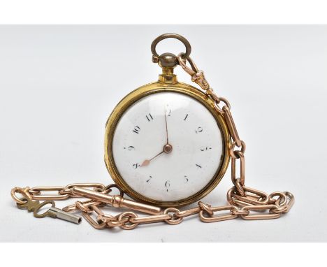 A GOLD-PLATED PAIR CASED POCKET WATCH, (working) open face pocket watch round white dial, worn Arabic numerals, gold tone han