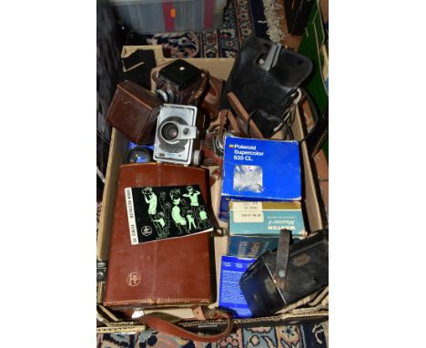 A BOX OF VINTAGE PHOTOGRAPHIC AND CINE EQUIPMENT ETC, to include a R F Gilbert Hunter roll film camera, Del Monta TLR roll fi