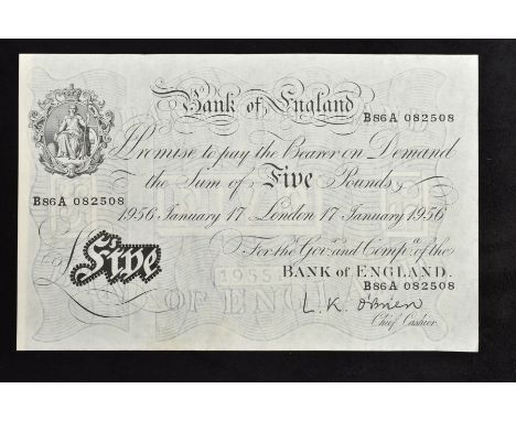 A BANK OF ENGLAND L K O'BRIEN WHITE FIVE POUNDS B86A January 7th 1956 (Nice Clean Note)