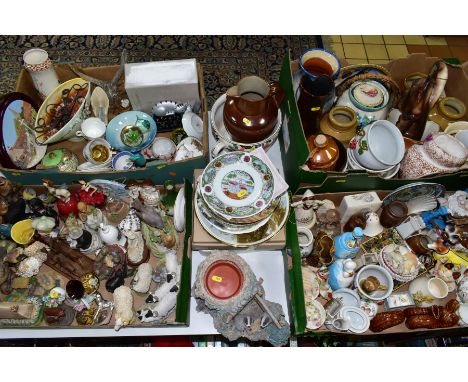 FOUR BOXES AND LOOSE CERAMICS ETC, to include porcelain bird ornaments by Alfro and Poole, sheep by Stefs models, Royal Crown