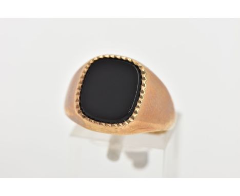 A 9CT GOLD ONYX SIGNET RING, a rounded square cut onyx set with a milgrain edge, approximate width 14mm, hallmarked 9ct gold 