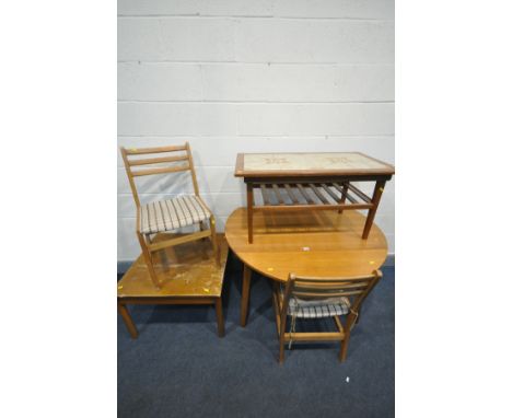 A TEAK DROP LEAF KITCHEN TROLLEY,  open diameter 112cm x closed depth 65cm x height 73cm, two chairs, an oak tile top coffee 