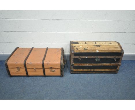 A VINTAGE DOMED TOP TRUNK, width 85cm x depth 45cm x height 52cm (distressed) and an orange painted travelling trunk (2)