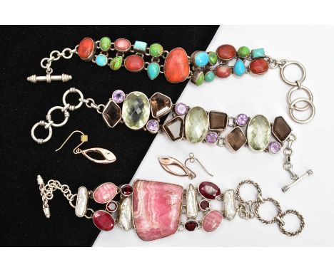 THREE LARGE SEMI-PRECIOUS GEM SET BRACELETS, the first a large silver abstract bracelet set with rhodochrosite, baroque pearl
