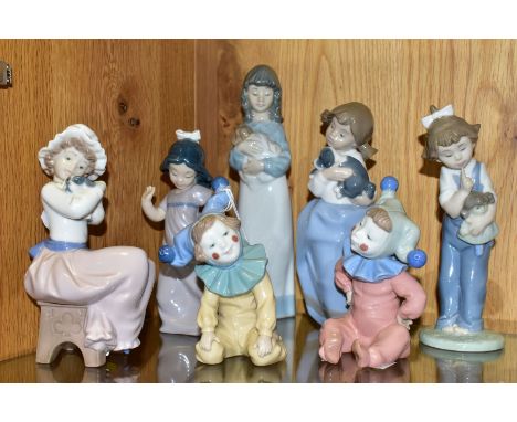 SEVEN NAO BY LLADRO PORCELAIN FIGURINES, comprising Joy no 1067 (thumb repaired) and Jingles no 1065 jester figurines, Hush n