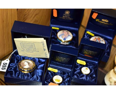 FIVE TRINKET BOXES, in presentation boxes, comprising a Royal Worcester HM Queen Elizabeth the Queen Mother 1900-2002 ceramic