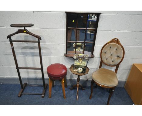 A MAHOGANY VALET STAND (missing one shelf support), along with an Italian chair, wine table, circular stool, onyx telephone a