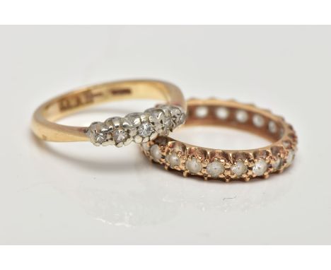 A 9CT GOLD DIAMOND HALF ETERNITY RING AND A CUBIC ZIRCONIA FULL ETERNITY RING, the first set with a row of five graduating si