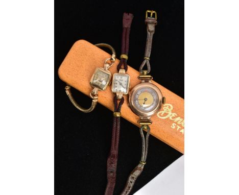THREE 9CT GOLD WRISTWATCHES, the first a with a hand wound movement, round two tone dial, Roman numerals, within a plain poli