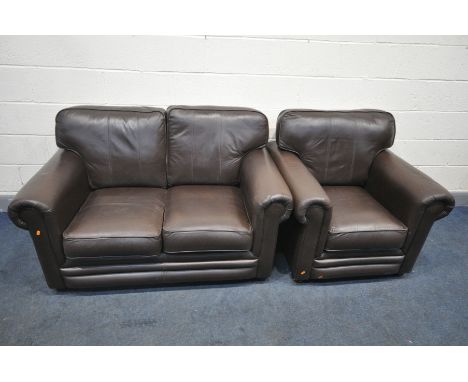 A THOMAS LLOYD BROWN LEATHER THREE PIECE LOUNGE SUITE, comprising a two seater sofa, armchair and pouffe with hinged storage 