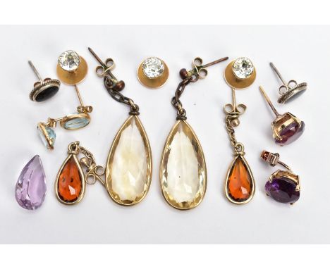 THREE 9CT GOLD PASTE DRESS STUDS AND ASSORTED EARRINGS, three old cut paste stones set in yellow gold dress stud mounts, each