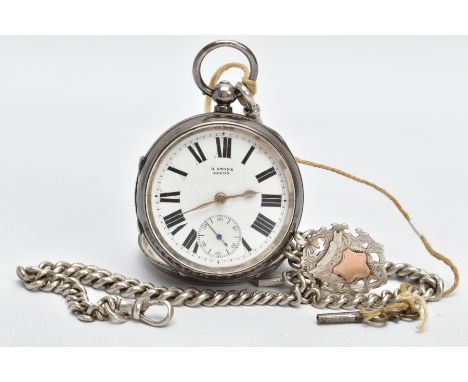 A SILVER OPEN FACE POCKET WATCH AND ALBERT CHAIN, the pocket watch with a round white dial signed 'H. Stone Leeds', black Rom