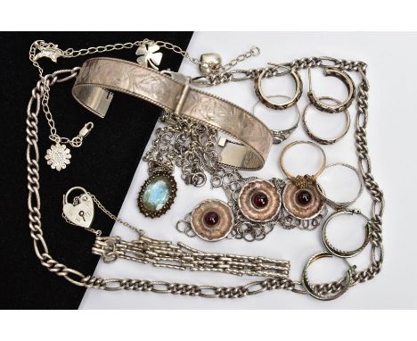 A BAG OF SILVER AND WHITE METAL JEWELLERY, to include a silver hinged bangle decorated with a floral and foliate design, hall