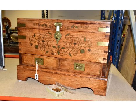 A MODERN INDIAN BRASS INLAID HARDWOOD RECTANGULAR CHEST, the hinged top fitted with clasp, the interior with lift out three d