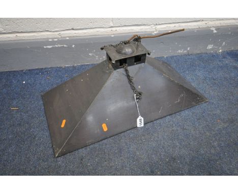 AN INDUSTRIAL CEILING LIGHT with a mirrored interior, length 61cm x depth 31cm x drop 24cm (condition:-one glass panel damage