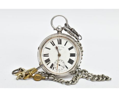 A SILVER OPEN FACE POCKET WATCH WITH ALBERT CHAIN, working condition with keys, round white dial signed 'English Lever by A.Y