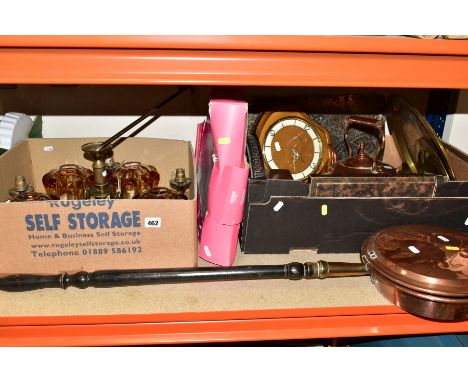 TWO BOXES AND LOOSE METAL WARES, CEILING LIGHT AND CLOCKS, to include a late twentieth century five bulb ceiling light fittin
