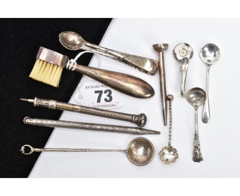 A TRAY OF SILVER AND WHITE METAL ITEMS, to include a pair of plain polished sugar tongs, hallmarked 'Viners Ltd Sheffield 196