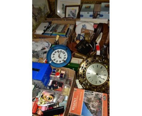 SIX BOXES OF SUNDRY ITEMS ETC, to include sewing accessories and threads, small plastic tub of stainless steel tweezers, Shae