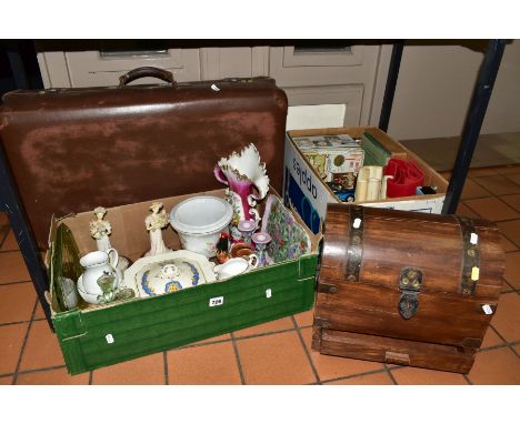 TWO BOXES AND LOOSE CERAMICS, VINTAGE SUITCASE, SCALEXTRIC CARS, EPHEMERA AND SUNDRY ITEMS, to include an Alfred Meakin Osiri