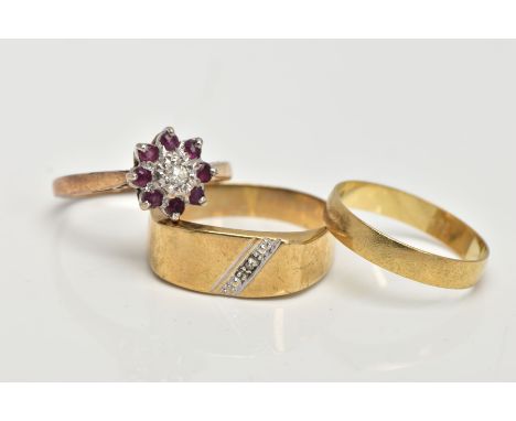 THREE 9CT GOLD RINGS, to include a diamond and ruby cluster ring set with one illusion set round brilliant cut diamond and ei