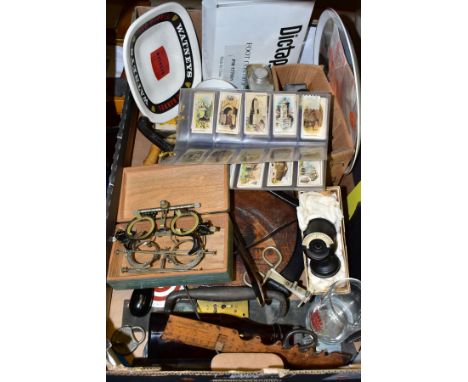 A BOX OF TOOLS, OPTICAL EQUIPMENT AND SUNDRY ITEMS, to include a large pair of George Barnsley &amp; Sons bunion pliers lengt