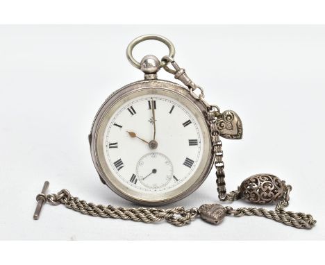 A SILVER OPEN FACE POCKET WATCH AND ALBERTINA, (working) round white dial, Roman numerals, seconds subsidiary dial at the six