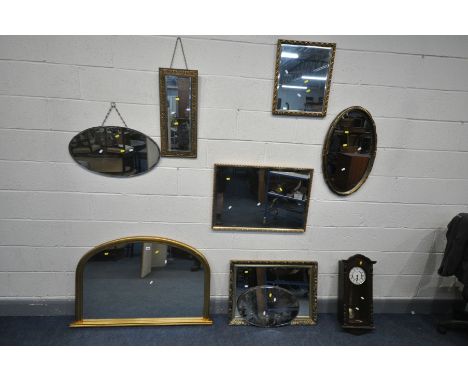 A SELECTION OF WALL MIRRORS, to include a gilt framed overmantel mirror, three gilt framed mirrors, a brass framed rectangula