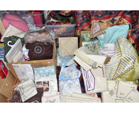 FIVE BOXES OF CURTAINS, BEDDING, TABLE LINEN, ETC, various fabrics and eras, most items unpackaged, includes a set of brightl