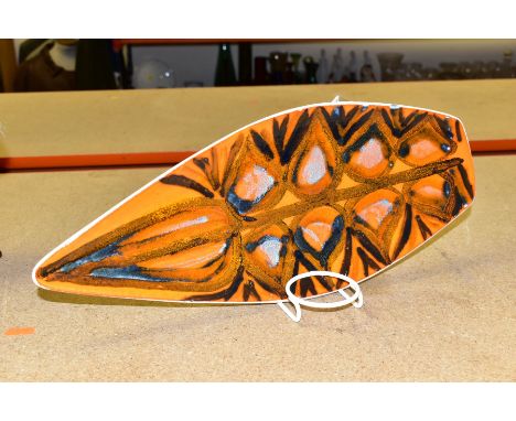 A POOLE POTTERY ORANGE DELPHIS PATTERN SPEAR SHAPED TRAY, printed back stamp, approximate length 43cm, condition: no obvious 