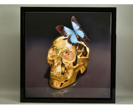 RORY HANCOCK (BRITISH 1987) 'BUTTERFLY KISS' a signed limited edition box canvas print of a skull 69/95, with certificate, ap