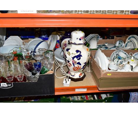 FOUR BOXES AND LOOSE CERAMICS AND GLASSWARE, including a Masons Ironstone octagonal table lamp in the form of temple jar moun