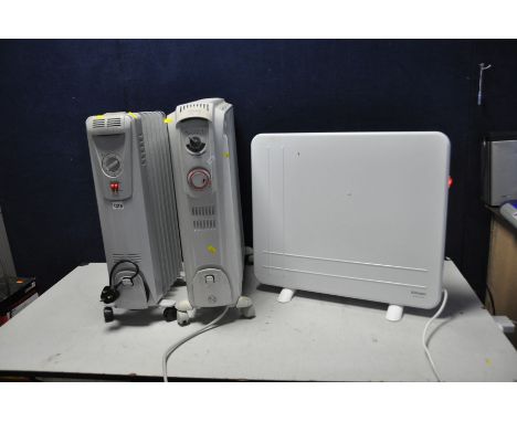 A DELONGHI DRAGON 3 OIL FILLED RADIATOR, a Dimplex Low Wattage Panel Heater and an unbranded oil filled radiator (all PAT pas