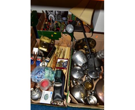 THREE BOXES OF METALWARES, LAMPS AND SUNDRY ITEMS, to include an adjustable desk lamp, an onyx based table lamp with shade, h