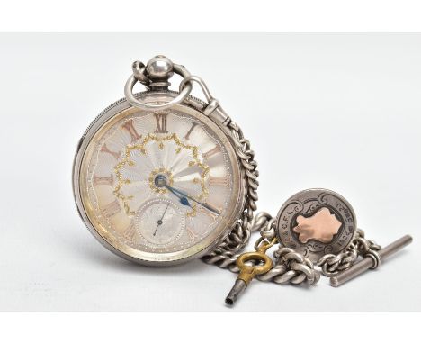 A LATE VICTORIAN SILVER OPEN FACE POCKET WATCH AND ALBERT CHAIN, (non-running) round engine turned silver dial with gold Roma