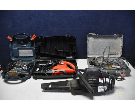 A COLLECTION OF POWER TOOLS to include a Bosch GBH2-24DFR (untested due to plug type), a Black and Decker BD380, a Black and 
