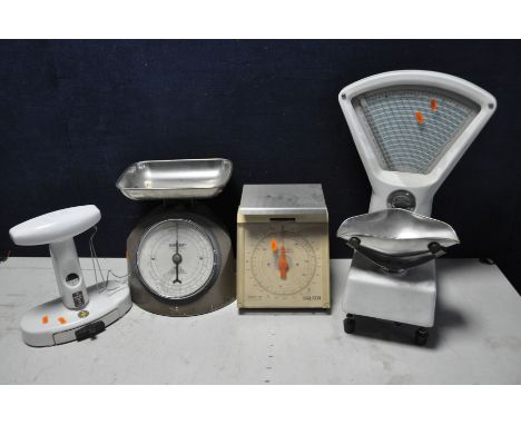 FOUR WEIGHING SCALES comprising two sets of Salter scales, one model 182 letter and parcels and another coin checker model 24