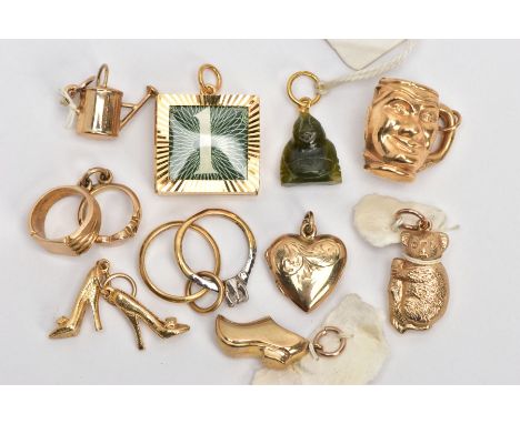 NINE 9CT GOLD CHARMS AND A NEPHRITE JADE CHARM, nine charms in forms such as a watering can, a koala, a pair of shoes, an eng