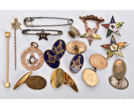 AN ASSORTMENT OF MASONIC PINS, to include a rose gold open work masonic pendant, hallmarked 9ct gold Birmingham, approximate 