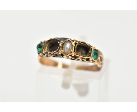 A MID 20TH CENTURY 15CT GOLD RING, AF (missing two stones), set with a central pearl, and two green stones, openwork shoulder