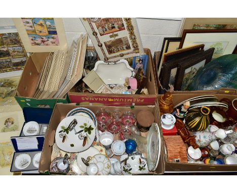 FIVE BOXES AND LOOSE CERAMICS, GLASS WARES, PICTURES AND SUNDRY ITEMS, to include boxed Royal Worcester, Thos &amp; Jno Brock