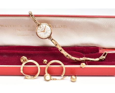 A LADIES 9CT GOLD WRISTWATCH AND JEWELLERY ITEMS, mechanical movement, a white round face signed 'Rotary 21 Jewels Incabloc S