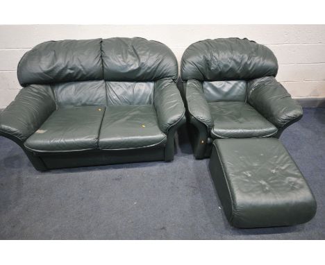 A GREEN LEATHER THREE PIECE LOUNGE SUITE, comprising a two seater settee, length 150cm, armchair and a pouffe