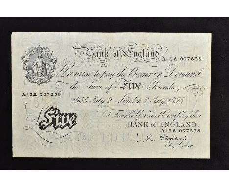 A BANK OF ENGLAND L K O'BRIEN WHITE FIVE POUNDS A15A July 2nd 1955