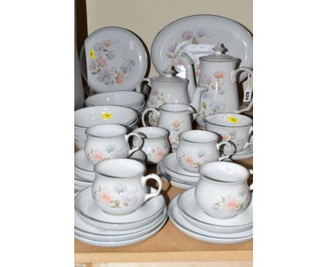 A DENBY ENCORE PART DINNER SERVICE, printed with a Sweet Pea design, comprising an oval serving platter, length 32cm, seven d