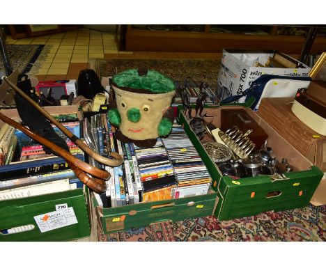 FIVE BOXES AND LOOSE SUNDRY ITEMS ETC, to include a quantity of books - carp fishing, sporting autobiographies, Jazz etc, qua