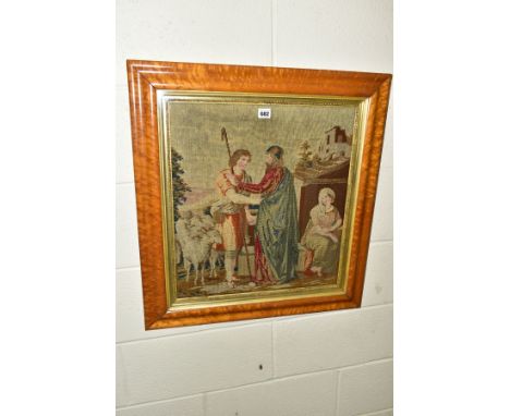 A VICTORIAN TAPESTRY POSIBLY DEPICTING THE RETURN OF THE PRODIGAL SON, constructed using threads of differing sizes, glazed, 