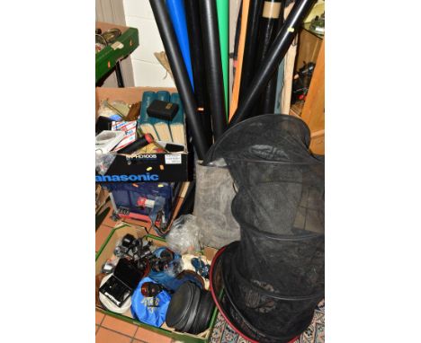A QUANTITY OF FISHING RODS, REELS, NETS AND OTHER EQUIPMENT, to include Shakespeare and Seal rods, six reels/part reels by AB