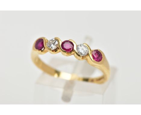 AN 18CT GOLD RUBY AND DIAMOND HALF ETERNITY RING, designed with three circular cut rubies, interspaced with two round brillia