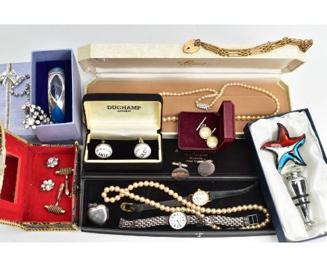 AN ASSORTMENT OF COSTUME JEWELLERY AND WATCHES, to include a string of graduated Lotus imitation pearls together in a signed 